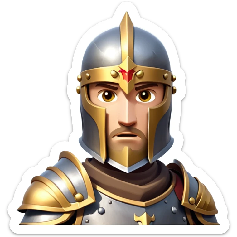 clash-of-clans-aesthetic_-cinematic-fearsome-and-majestic-knight-bust-portrait-emoji, rendered in a flat, vector-style with minimal shading and bold, simplified shapes, depicting a battle-ready medieval knight with steely eyes and intricate armor, mounted on a warhorse reflecting sunlight over a misty battlefield. sticker