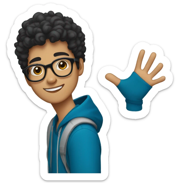 Cheerful Pakistani teenager with black curly hair and black glasses. He's wearing a blue hoodie. sticker