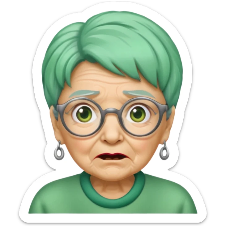 green haired grandma with wrinkles and glassess, surprised sticker