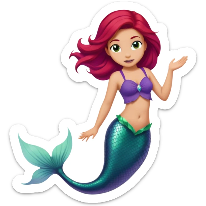 Disney Ariel mermaid with red hair swimming, green fish tail, purple top sticker