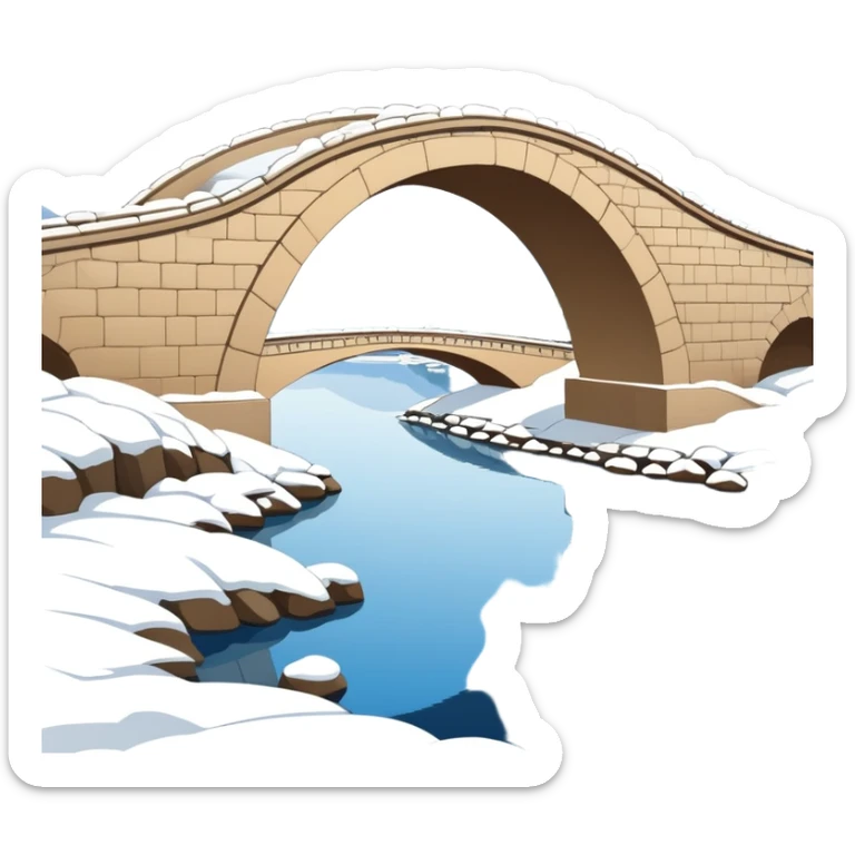 Remnant Snow on the Broken Bridge in Winter, West Lake Hangzhou, simplified emoji style with bold outlines, arch bridge with snow, water below sticker