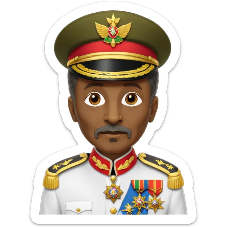 Create an emoji of an Older Haile Selassie African king wearing his ceremonial military uniform adorned with numerous medals, orders, and a sash. sticker