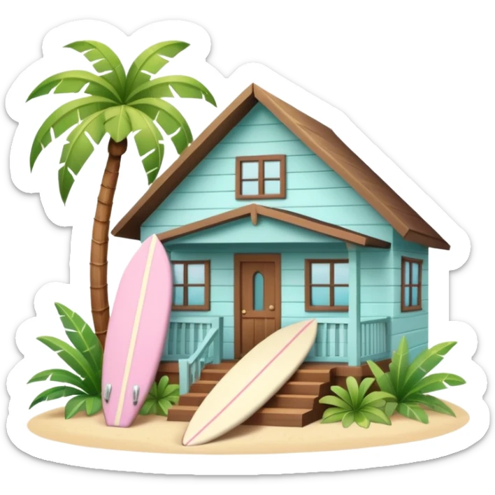 Hawaiian bungalow house, pastel colors, wooden porch, surfboard leaning on wall, palm leaves, tropical vibe, cute mobile game icon style, 3D cartoon, clean background, no text
 sticker