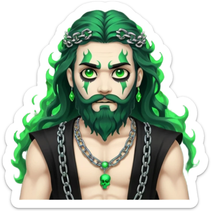 hades greek god with green flames and beard with chains on his arms and neck, Long wavy hair. He has some skull accessories Dynamic pose sticker