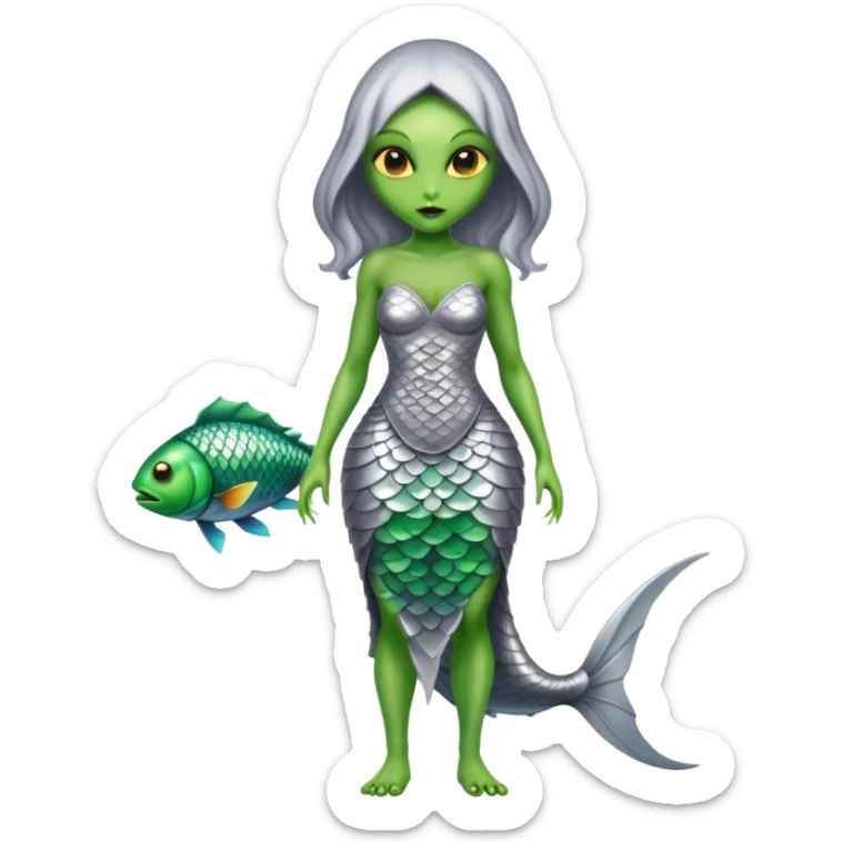 Green Alien woman with fish scales in silver dress, full figure, yellow eyes sticker