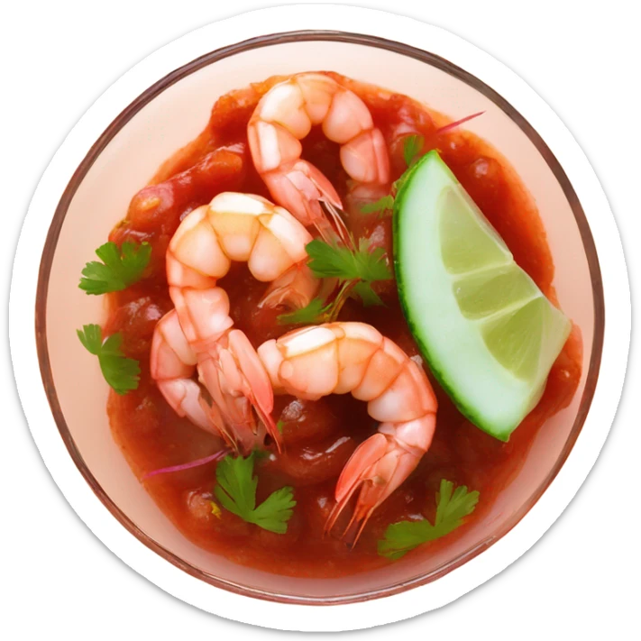 Shrimps in clear glass with red sauce and chopped cilantro and onions cucumber  sticker