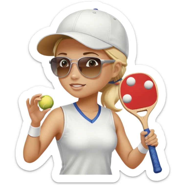 Girl with blond hair in a ponytail wearing a white baseball cap and sunglasses playing pickleball sticker