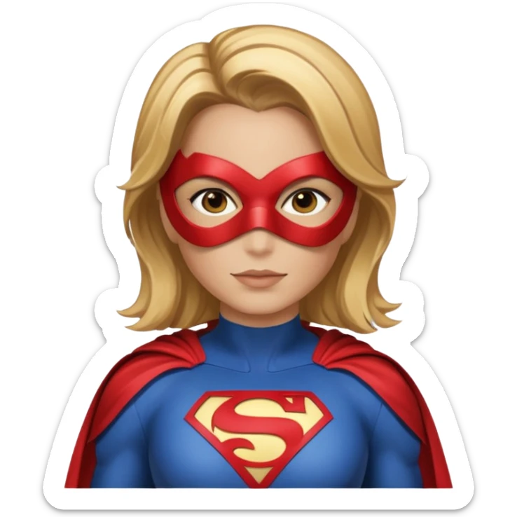 Mujer súper heroína tipo la de WhatsApp. Pelo marrón claro y mechas rubias por los hombros. Con antifaz y traje de héroe, que se vea solo hasta los hombros y logo MJ en el traje. Como la de WhatsApp  sticker