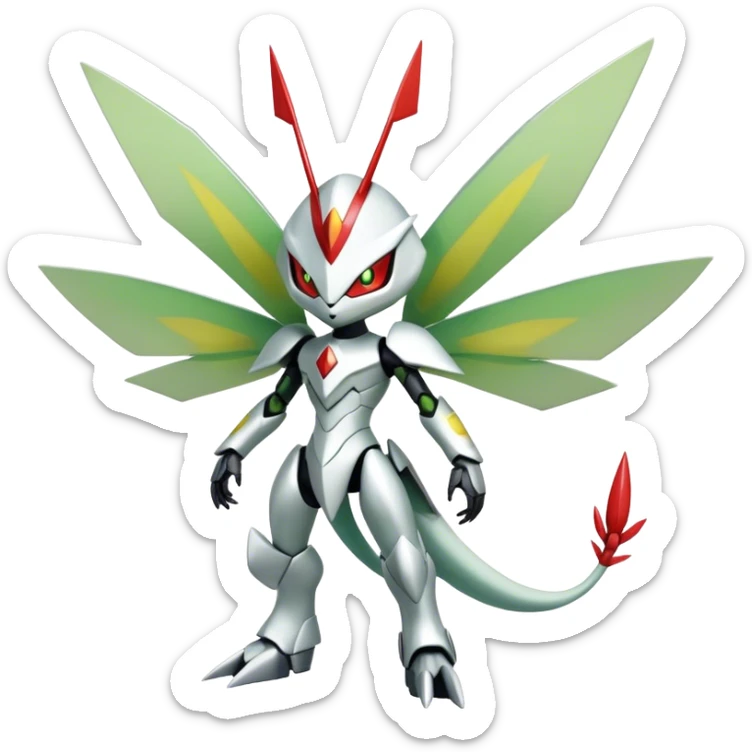 Cute Cool Edgy Shiny Futuristic Ethereal Legendary Kartana-Digimon-Scizor-hybrid full body sticker
