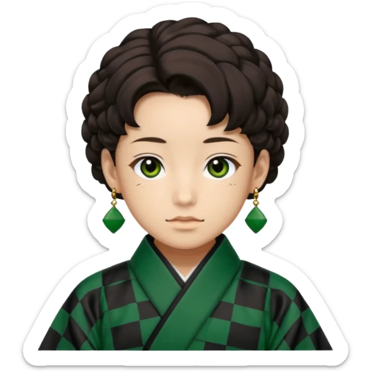 Tanjiro Kamado from Demon Slayer with black and green checkered haori and hanafuda earrings sticker