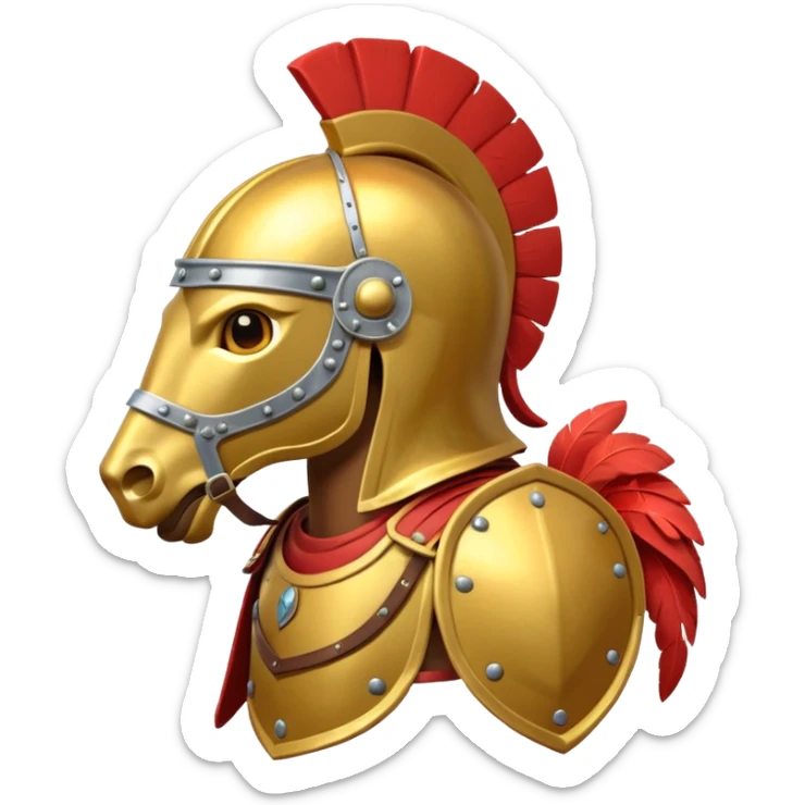 An emoji of a powerful Roman warhorse in full armor, with a feathered helmet. sticker