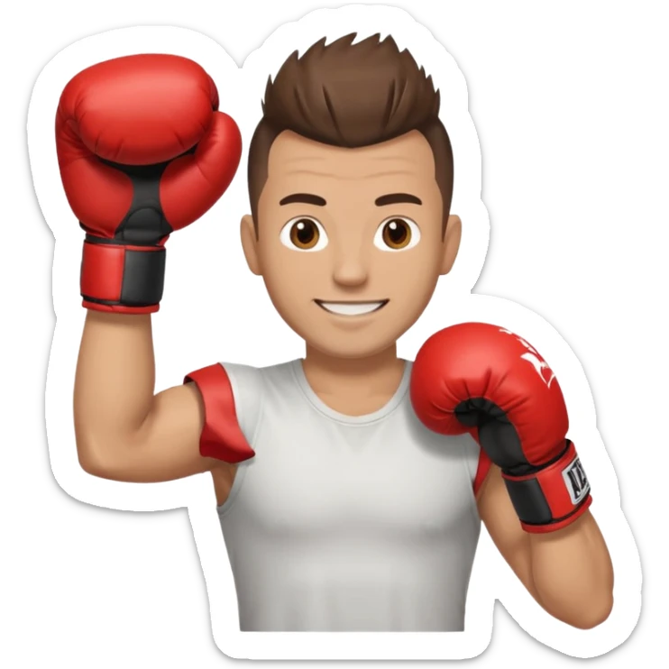 Rapaz de 39 anos ,cabelo castanho médio ,olhos castanho claro , cabelo corte moecano disfarçado , com uma luva de box na mão sticker