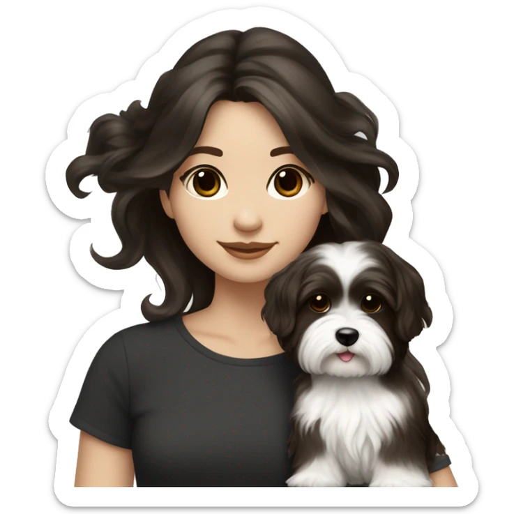 young female artist tan with long dark brown hair painting black+white havanese sticker
