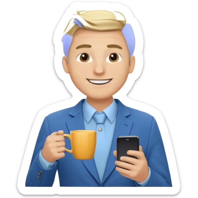Confident and outgoing male entrepreneur, Caucasian features, blonde hair, big friendly smile, expressive eyes, defined eyebrows, wearing a blue blazer over a light blue shirt, holding a smartphone in one hand and a coffee cup in the other, waist-up, front-facing sticker