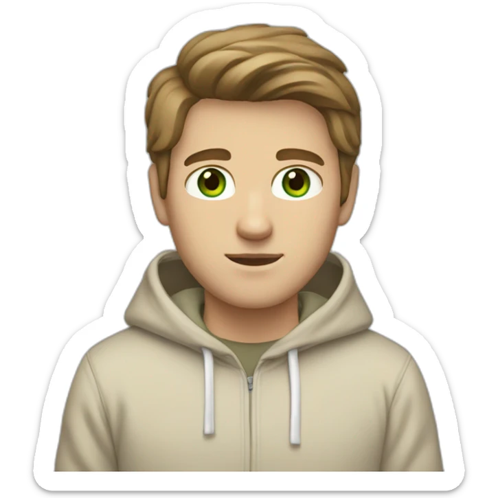 white guy in beige hoodie with brown hair and white shoes and a white gray pants and green eyes sticker