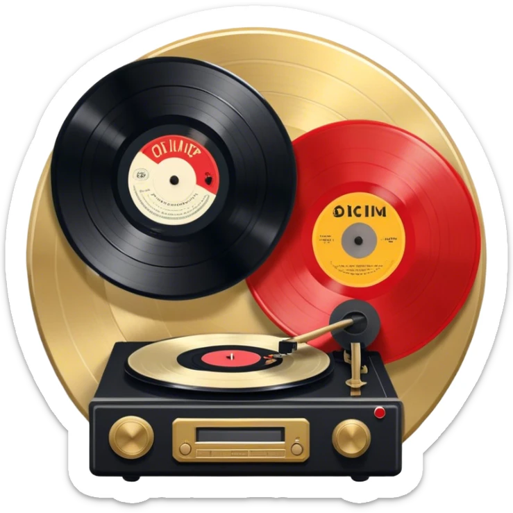 Icon for Vinyl Record Collecting: large black, golden and red vinyl records in decorative packaging featuring artist images, neatly arranged on a wall or shelf, modern vinyl record player. The icon should reflect the aesthetic and artistic aspect of collecting vinyl records. Transparent background. sticker