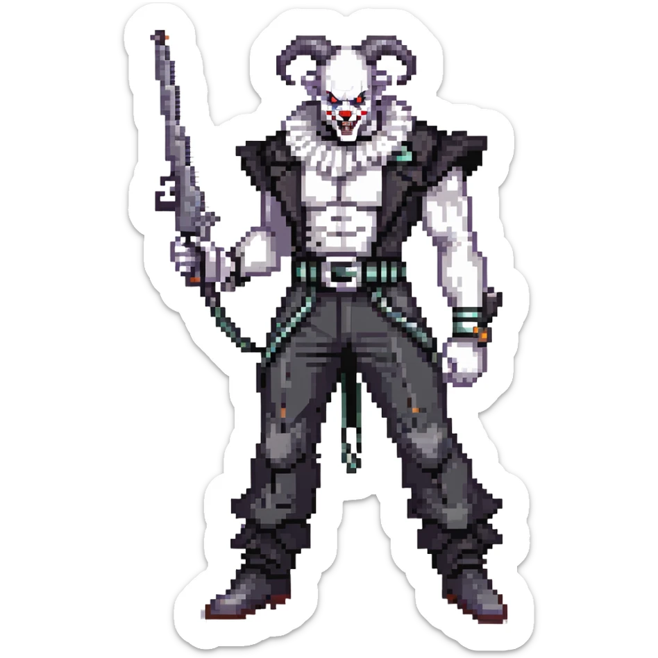 full-body muscular demonic clown in a black and white leisure suit with bellbottom pants, bald, with black ram horns, flashy black and white belt, ruffled white shirt, no neck tie, large fangs, holding a very large futuristic rifle sticker