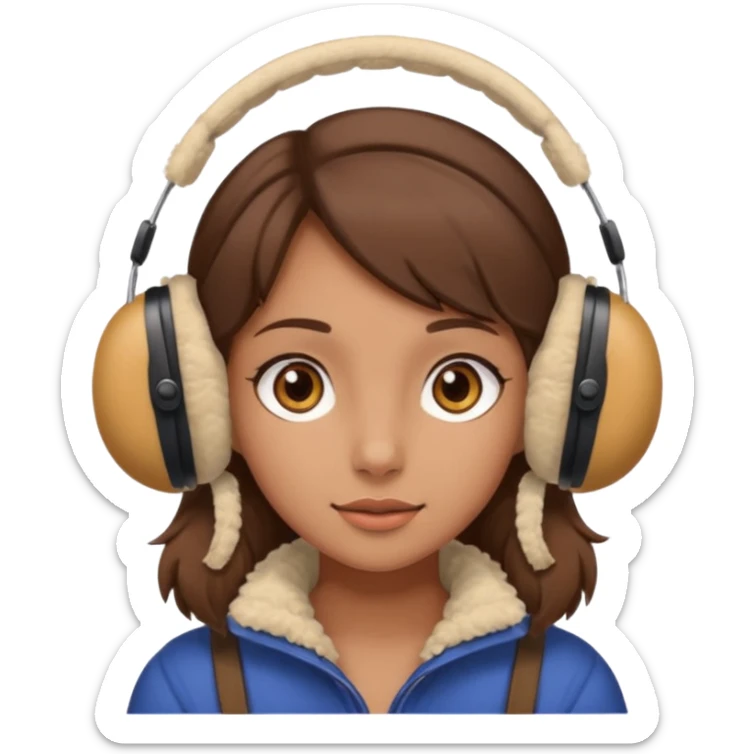 A girl wearing beige ear muffs, tan skin, brown hair, brown eyes sticker
