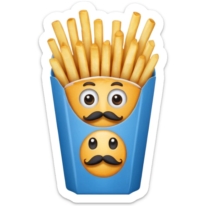 long slim crispy fries in a blue carton, carton has eyes and mustache sticker