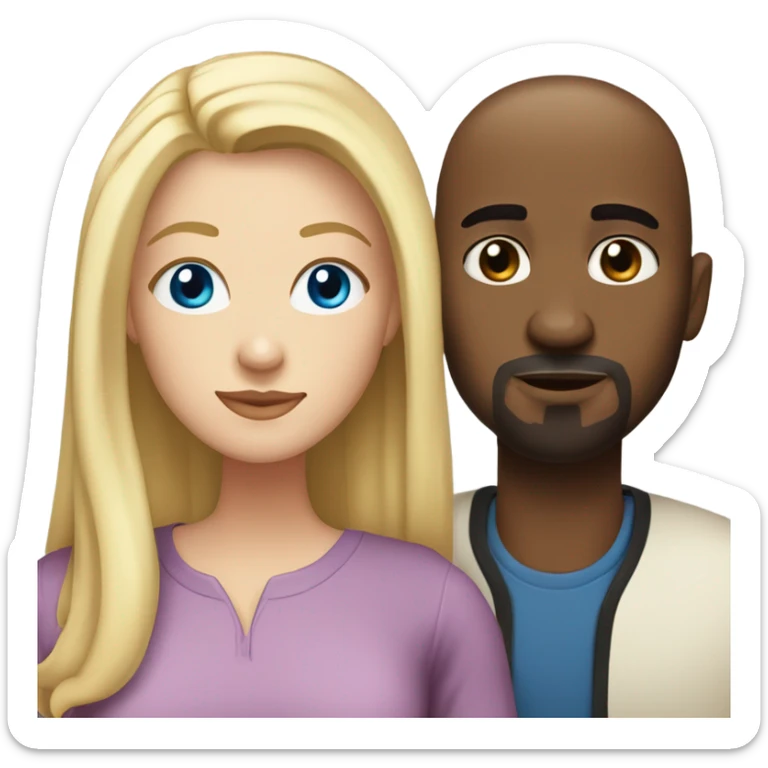 Blonde woman with blue eyes and long straight hair and black man who is bald with a goatee in love with each other  sticker