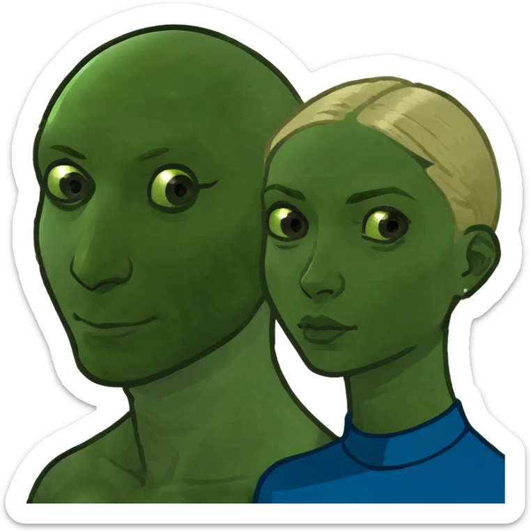 a beautiful woman with blond hair and brown eyes with her husband whos white with blue eyes, a blonde goatie and is bald  sticker