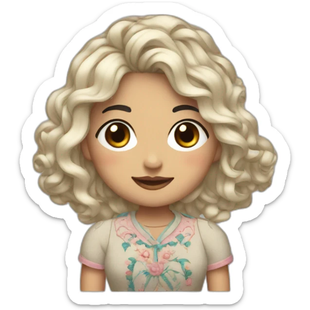 Embroidery of chubby girl with wavy black hairs, mountain eyebrows smile sticker