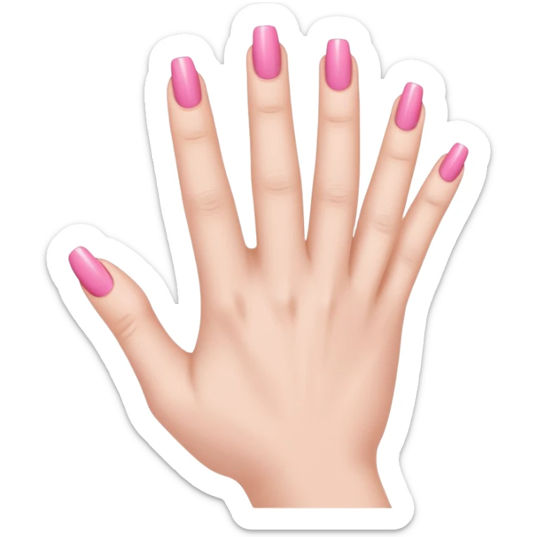  pink  close-up of a human hand with exactly five fingers, beautifully manicured nails, glossy pink nail polish, elegant nail shape, soft lighting, realistic style, isolated on transparent background" sticker