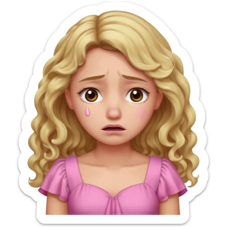 the girl is that crying with tears she has brown eyes and blond long hair curly pink dress  sticker
