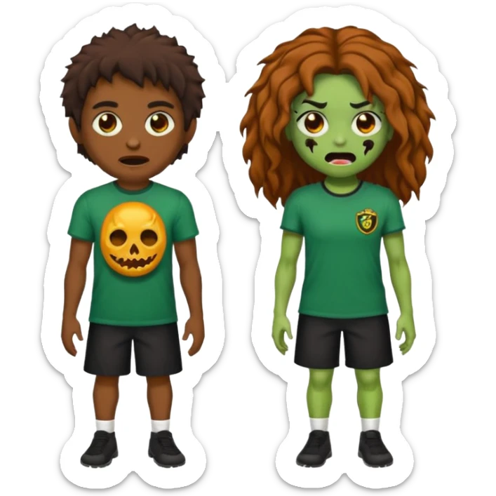 crie um emoji de uma garota zoombie cabelo castanho e longo , assustadora e fofa com cabelo ondulado 2b e camiseta básica preta sticker