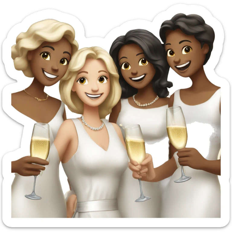 Group of 5 smiling women, one boy and a woman with white dress clinking champagne sticker