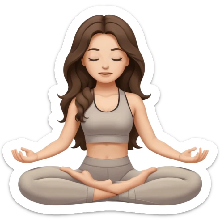 Brunette long wavy hair Woman wearing neutral colour gym set with eyes closed and long eyelashes doing yoga mediation  sticker