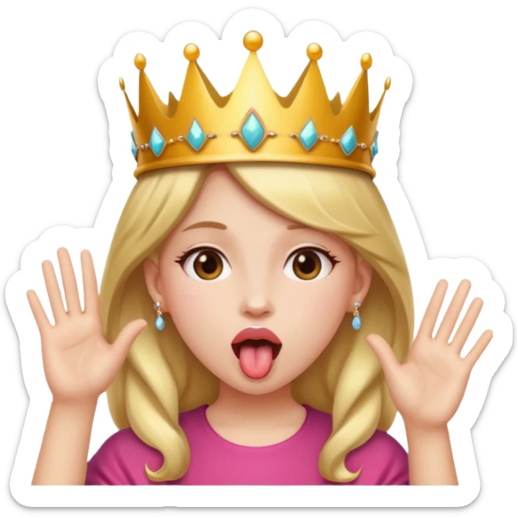 A girl with a tongue out, and her hands are in and out position up by her face and she has a crown on sticker