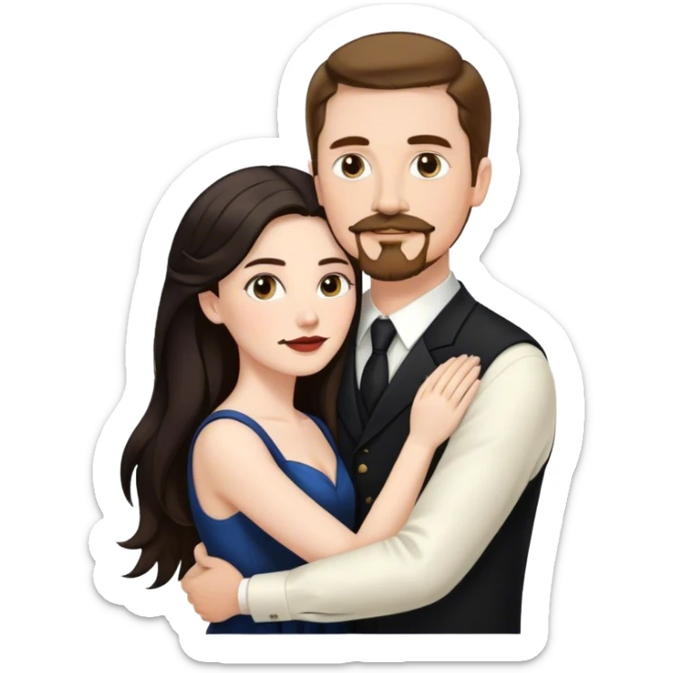 married couple portrait, tall white man with brown hair goatee mustache embracing a pale woman with long black hair, wearing formal clothing sticker