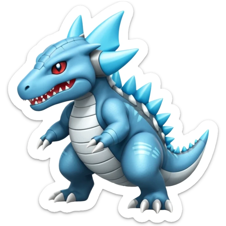 Futuristic soft smooth glossy metallic white and cyan Tyrunt-Aggron-Feraligatr--Axew-fusion sticker
