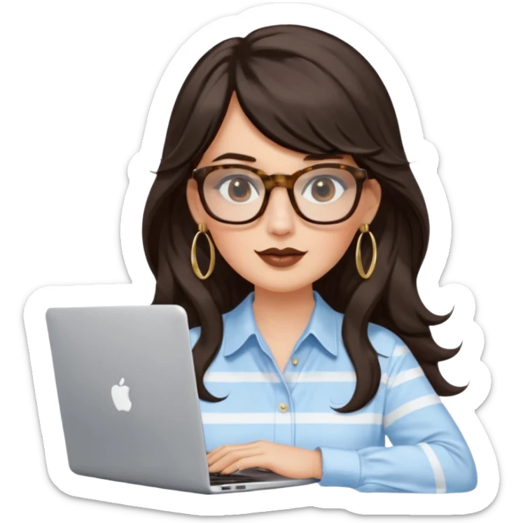 A white woman with long wavy dark brown hair and a whispy bang, wearing thick tortoise SQUARE glasses, gold drop earrings. She has long lashes and a nude browny glossy lipstick. She's wearing an oversize light blue shirt with white vertical strips. She's working on a laptop sticker