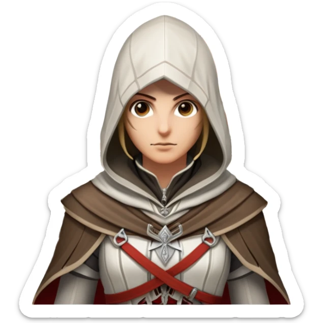 icon featuring Assasin's Creed in an iconic assassin's hood, standing tall. Florence is on background. The design captures the essence of adventure, with intricate details of historical architecture and a sense of mystery. The character is poised, ready for action. transparent background. sticker