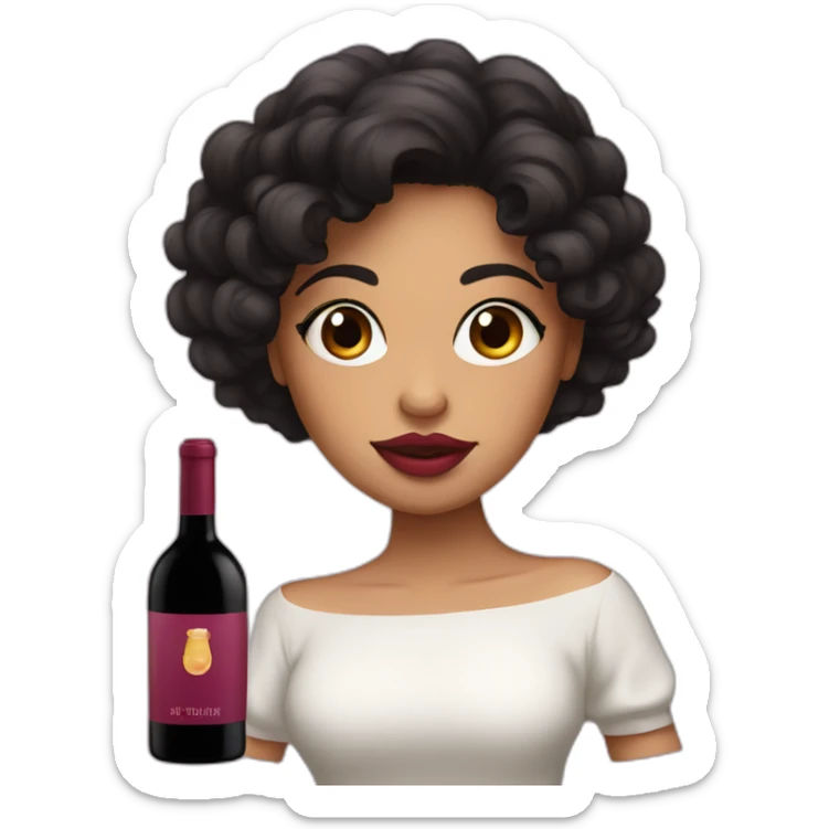 White latin girl with with pink big lips, curly black hair and wine sticker