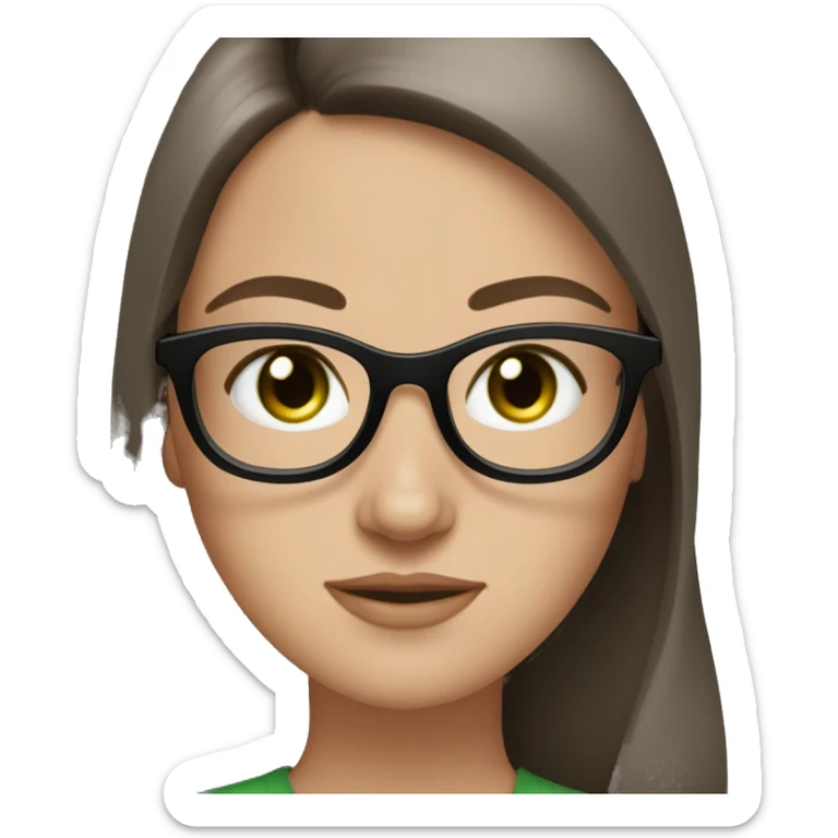 white girl, green hazel eyes, dark brown straight long hair, black round glasses, freckles sticker