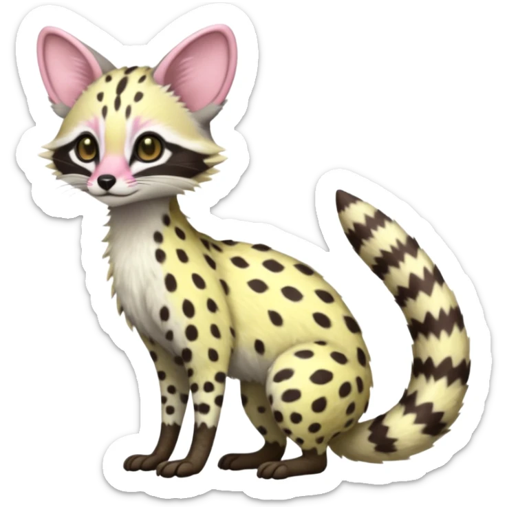 Pastel White and pastel yellow with pastel Pink-spotted genet-Trico-Vernid-Cacomistl-Fakémon-hybrid-fusion-creature (full body) sticker