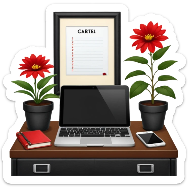 Cartel en español que diga F U E R A    D E    O F I C I N A y detrás un escritorio moderno, con una notebook, una agenda y una planta con una flor sticker