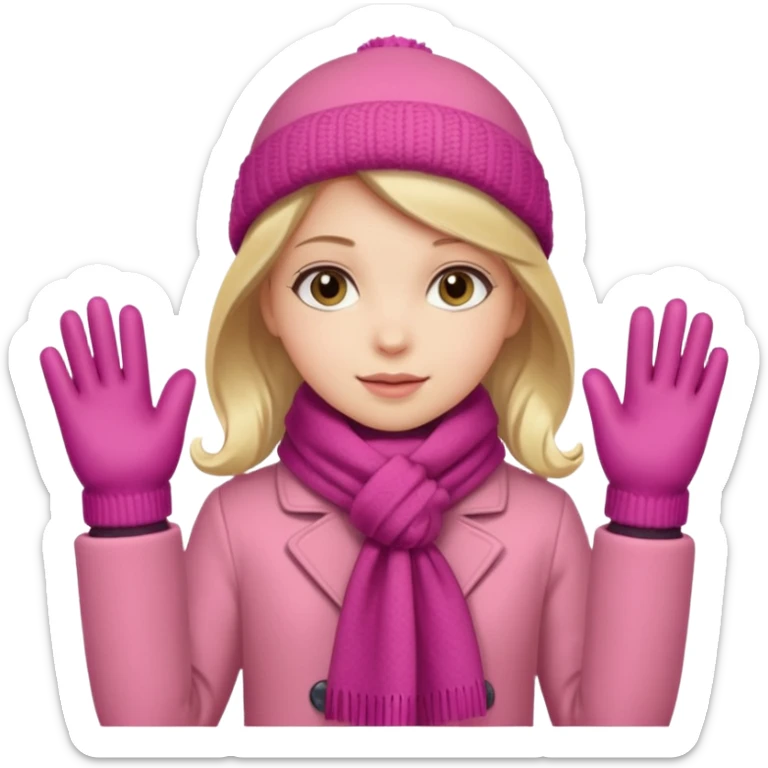 The girl is wearing a warm pink winter coat and a pair of woolen gloves. sticker