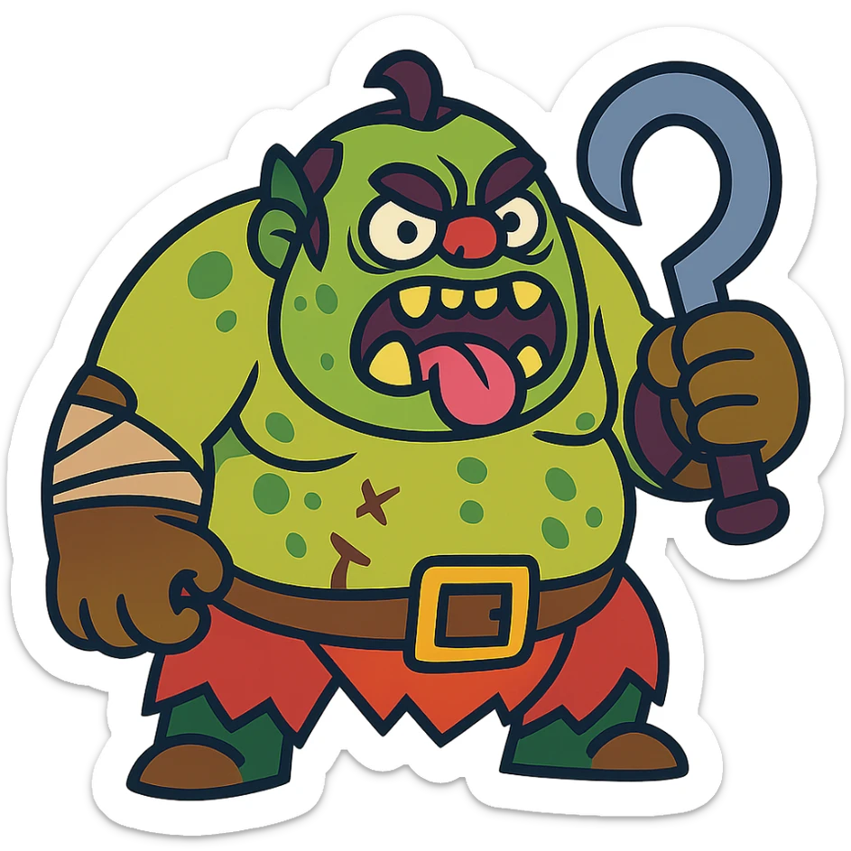 Cartoonish redesign of Pudge from Dota 2, exaggerated features, vibrant colors, playful style sticker