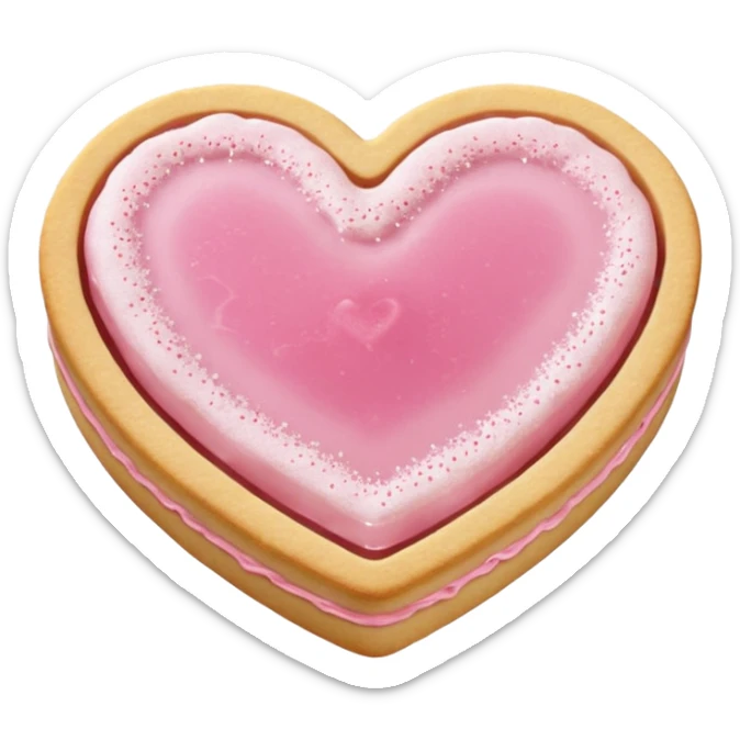 Realistic shortbread cookie in the shape of a heart with pale pink jelly middle filling and sprinkled powder sugar on top. sticker