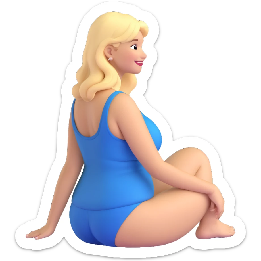 fullbody curvy blonde woman cartoon emoji style, back view, sitting on her feet, smiling, SFW, no explicit content sticker