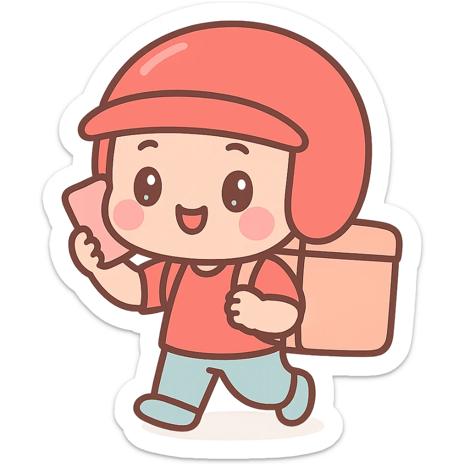 food delivery man in red, wearing red helmet, on the phone calling his customer, kawaii chibi anime style, flat pastel colors, thick outlines, simple cute features sticker