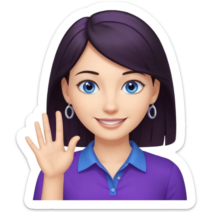 Grinning dark hair woman with blue eyes, wearing purple shirt - explaining something with her hand

 sticker