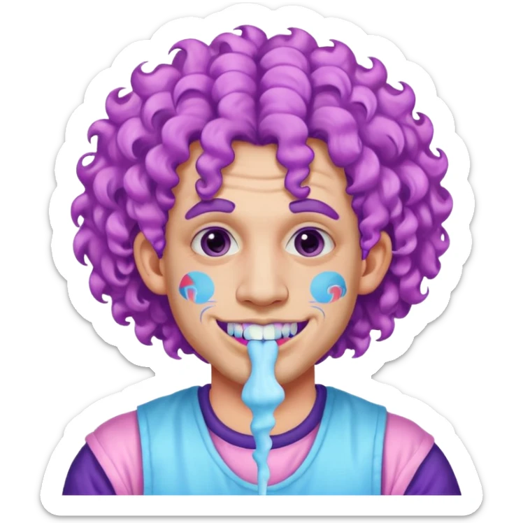 very colorful puffy violet curly haired man made out of cotton candy wearing teeth-braces and excessive face tattoos just face  sticker