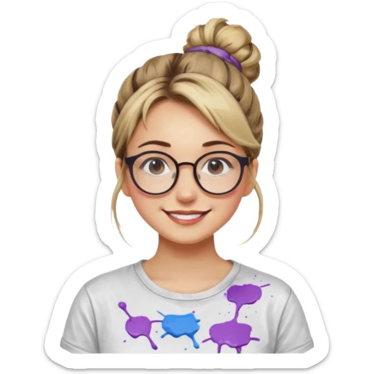 Artist Woman – messy bun, round glasses, paint stains on shirt.














































 sticker