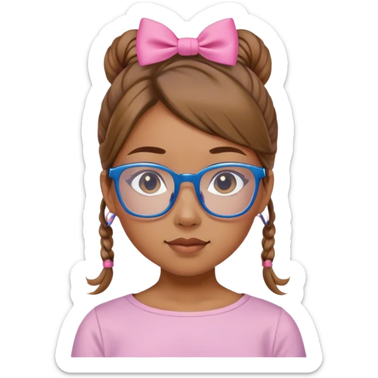 A caramel girl with a ponytail and pink bow blue glasses and a cute sage square neck shirt sticker