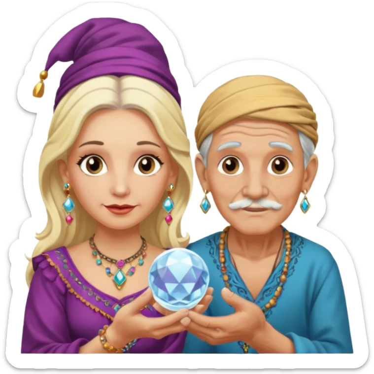 Elderly cleanshaven male gypsy with earrings and blonde female gypsy holding a crystal ball sticker